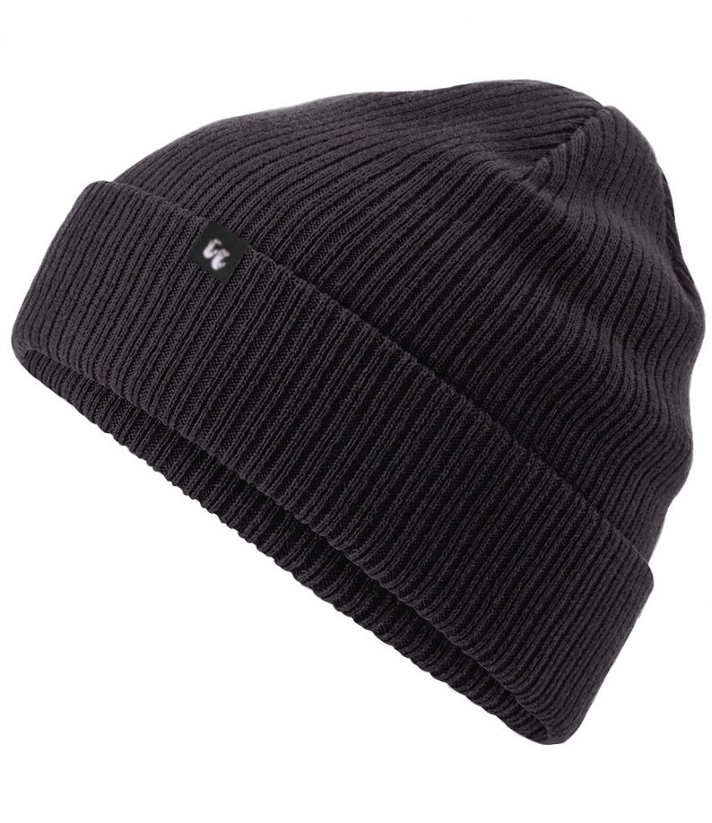 side view of double-layer knit cuffed 100% organic cotton beanie in dark graphite grey