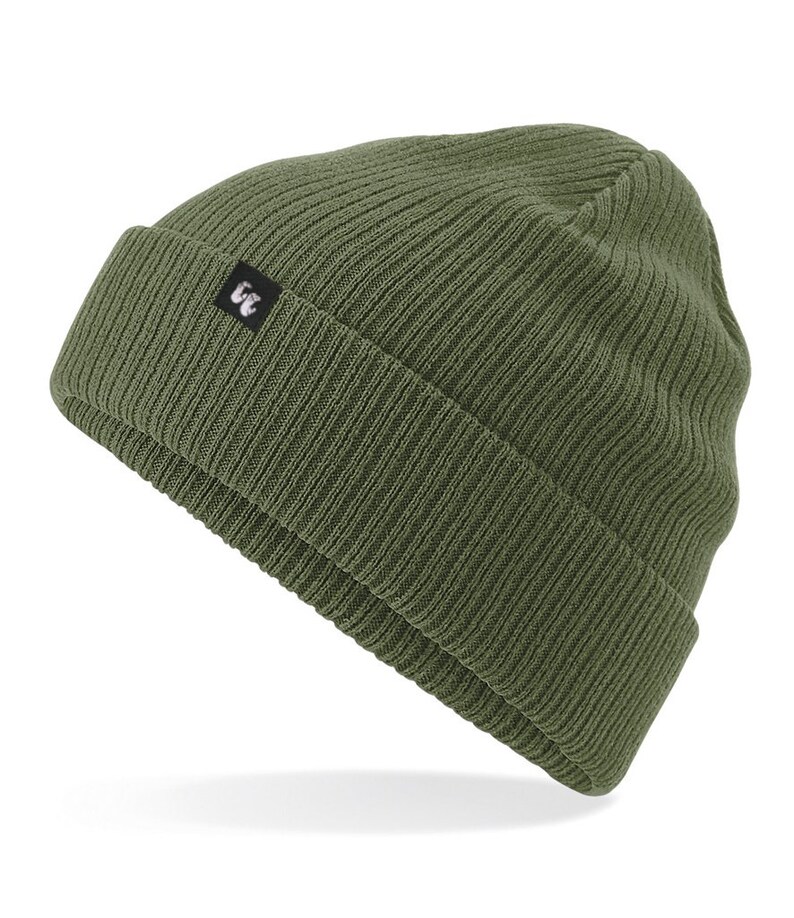 Olive green organic cotton beanie hat with black fabric tag stitched to the cuff