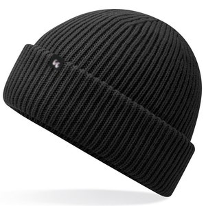 Recycled polyester beanie in black with a small black fabric tag on the front left-hand side.