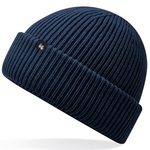 Recycled polyester beanie in french navy blue with a small black fabric tag on the front left-hand side.