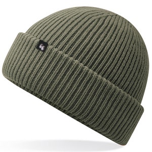 Recycled polyester beanie in olive green with a small black fabric tag on the front left-hand side.