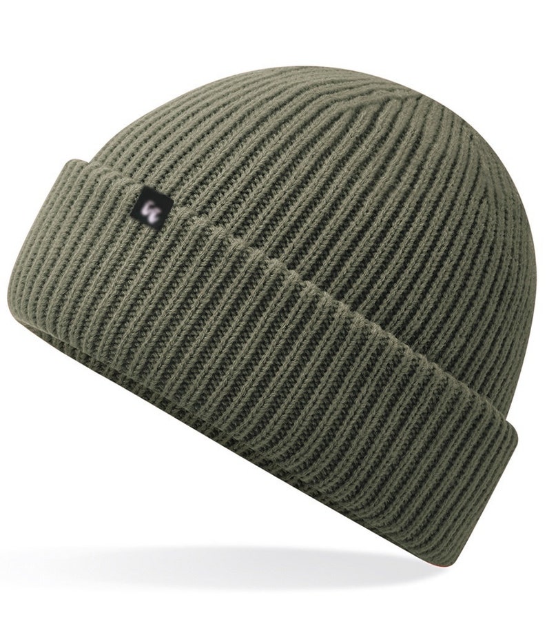 Recycled polyester beanie in olive green with a small black fabric tag on the front left-hand side.