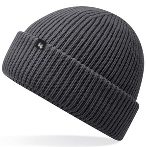 Recycled polyester beanie in grey with a small black fabric tag on the front left-hand side.