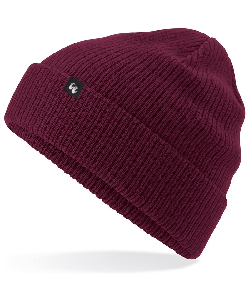 Side view of double-layer knit cuffed 100% organic cotton beanie in burgundy