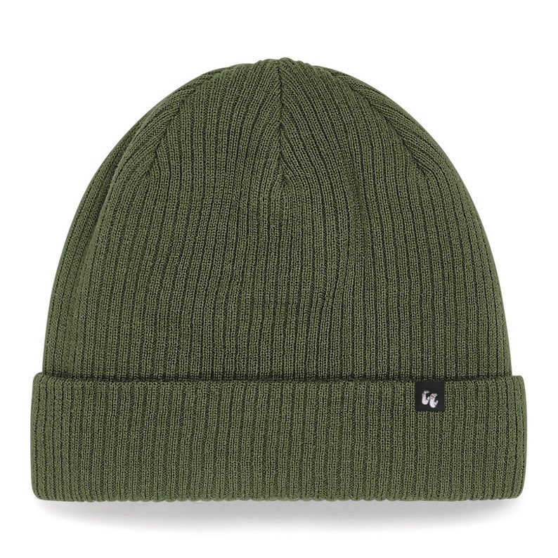 double-layer knit cuffed 100% organic cotton beanie in olive green