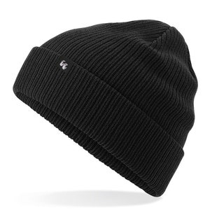 Black organic cotton beanie hat with black fabric tag stitched to the cuff