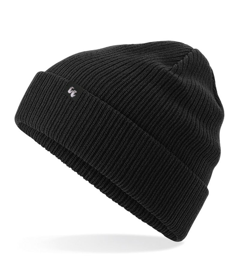 Black organic cotton beanie hat with black fabric tag stitched to the cuff