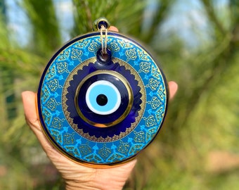 Blue Glass Evil Eye Wall Hanging: Boho Home Decor