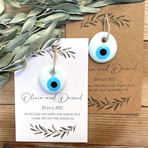Griechische Gastgeschenke Hochzeit / Evil Eye Charm / Geschenke für Gäste / Olivenbaum Hochzeitseinladung / Personalisierte Karten / Boho Dekoration