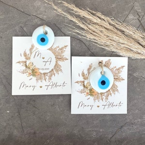 Boho Style Wedding Favors for Guests in Bulk, Thank You Cards, Greeting Gifts, White Glass Evil Eye, Protection, Bridal Shower, Nazar Boncuk