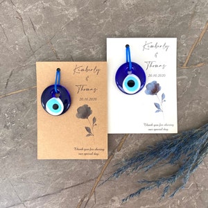 Hochzeit Gefälligkeiten für Gäste in Masse, griechische Hochzeit, Blaue Einladung, Blau Glas Bösen Auge Charme, personalisierte Dankeskarten, Brautparty