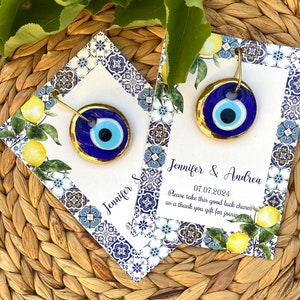 Cadeau de mariage grec, faire-part de mariage méditerranéen, faire-part de mariage bleu italien et citron, mauvais œil en verre bleu doré, carte de remerciement