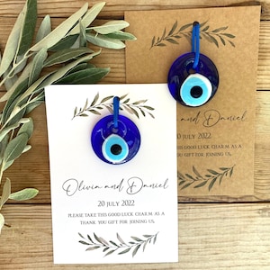 Evil Eye Hochzeitsbevorzugungen für Gäste, griechische Hochzeit, Evil Eye Charm, personalisierte Dankeskarten, Bulk-Geschenke, grüne Hochzeitseinladung