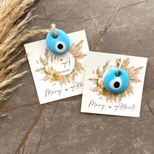 Benutzerdefinierte Hochzeit Gastgeschenke, Gastgeschenke im Boho-Stil für Gäste in loser Schüttung, personalisierte Dankeskarten mit Glas-Evil Eye-Perlen, Glücksbringer