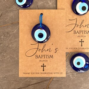 Cadeaux de baptême mauvais œil pour invités, cadeaux de protection, perle de verre bleue, carte de remerciement personnalisée, porte-bonheur, croix pour baby shower