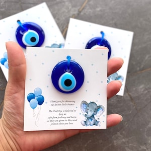 Babyshowerbedankjes, blauw glas boze oogkralen, bedankkaarten olifant, personalisatiebedankjes voor gasten in bulk, Griekse mati, bescherming