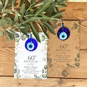 Lembrancinhas de festa de aniversário para adultos, presentes para convidados a granel, lembrancinha de mau-olhado grego, convite de aniversário de 60 anos, cartões de agradecimento personalizados