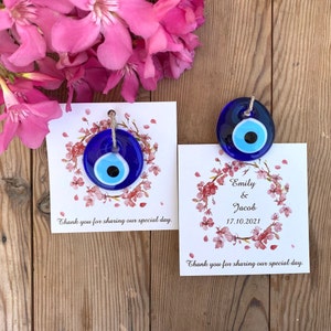 Bomboniere per gli ospiti alla rinfusa, Regali personalizzati, Biglietto di ringraziamento unico, Fascino greco Evil Eye, Bomboniere da doccia nuziale, Elegante etichetta floreale