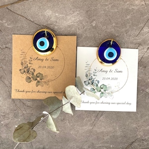 Greenery Wedding invitation, Bulk Wedding Favors, Gold Blue Glass Evil Eye, Personalized Thank You Card, Custom Wedding Favor, Guests Gifts