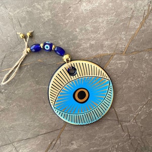 Dekoracja domowa Evil Eye, niebieski szklany koralik Evil Eye, złoty wiszący na ścianie Evil Eye, ręcznie robione ozdoby, amulet ochronny, sztuka ścienna Boho, szczęśliwy urok