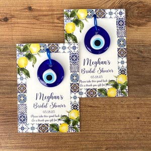Cadeaux de douche nuptiale, cadeaux de mariage mauvais œil pour les invités, carrelage bleu italien et faire-part de mariage citron, personnalisé, décor méditerranéen