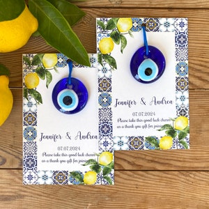 Bomboniere per ospiti, invito a nozze con piastrelle blu italiane e limone, malocchio greco, arredamento mediterraneo, regalo sfuso, biglietto personalizzato