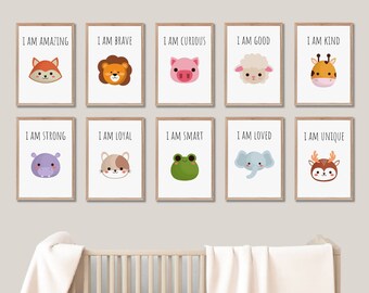 Set of 10 "I am..." Animal Nursery Prints for Digital Download - Empowering, Gender Neutral | Gift, Baby, Nursery, Child, Wall Art, Pictures