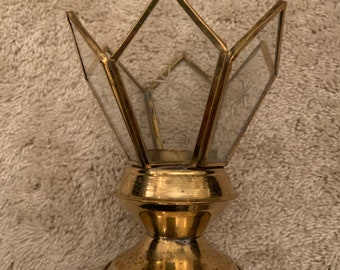 Hexagu Brass Patterned Glass Standing Petal Lantern