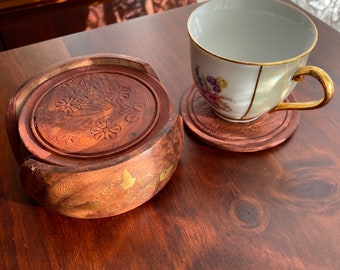 Floral Solid Wood Coaster Set