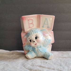 Lamb Planter - Vintage keramische Relpo baby lam planter blauw lam met baby blokken baby douche nieuwe baby gift center stuk