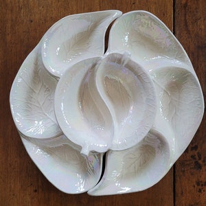 Vintage Iridescent white MCM California pottery divided tray and bowl #725 1950s made in USA chips and dip snack tray