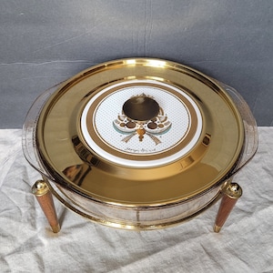 Pyrex Georges Briard chafing dish with lid 10 inch glass dish metal lid speckled gold mcm stand
