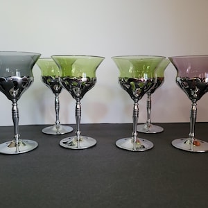 6 vintage Krome Kraft Cambridge Glass and Chrome Cordial glasses Stem green, smoke, purple art deco