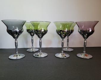 6 copas vintage Krome Kraft Cambridge Glass y Chrome Cordial con tallo verde, humo y morado art decó