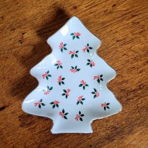 Dish - Christmas tree lefton dish with holly and bows gold rim