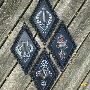 Set of 4 Vintage Wall Plaques / Hand Painted / Gothic Decor / black wall hangings / Victorian / Edwardian wall decor