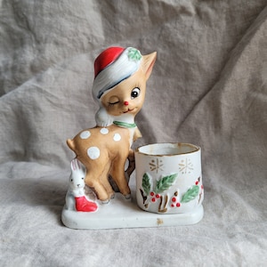 キャンドルホルダー - Jasco 1978 ウインクするクリスマスのトナカイとウサギ、ストッキングをかぶったサンタの帽子