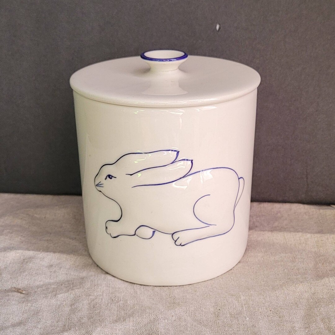 Ceramic Canister Mancer Italy Canister With Blue Rabbit Hare Medium