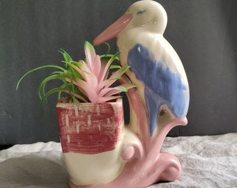 Plantenbak Vintage Ooievaar plantenbak vogel handgeschilderde keramische plantenbak crème blauw roze rood pastel