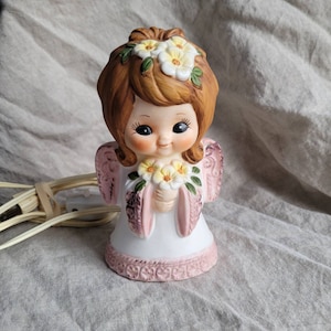 Night light - Vintage ceramic nightlight made in Japan big eye angel girl with flowers