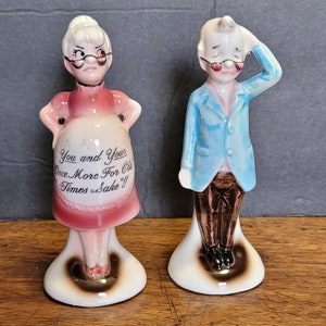 Salt & Pepper Shakers Vintage Old Pregnant Couple "You and Your Once More For Old Times Sake"  Enesco Imports Japan