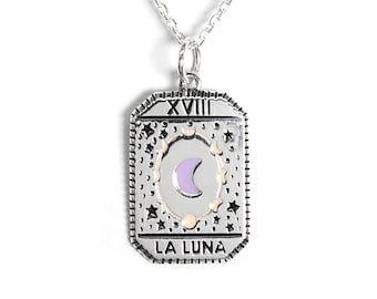 Tarot Card Necklace Silver 925, Moon Tarot Card Pendant, Crescent Moon Tarot Card Charm Silver Necklace, Witch Jewelry, Gothic Jewelry