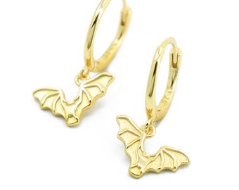 Bat Earrings Gold, Bat Hoop Earrings 14K Gold plated 925 Silver, Huggie Hoop Earrings with Bat Charm, Halloween Earrings, Gothic Jewelry
