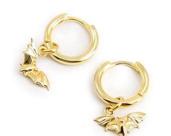 Bat Earrings Gold, Bat Hoop Earrings 14K Gold plated 925 Silver, Huggie Hoop Earrings with Bat Charm, Halloween Earrings, Gothic Jewelry