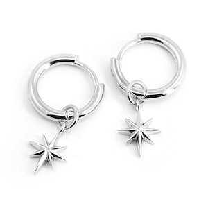 Dainty Star Earrings Silver 925, Huggie Hoops with North Star Charm, Magical Dangle Hoop Earrings, Celestial Jewelry, Perfect Gift for her