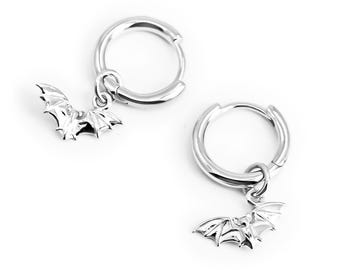 Bat Earrings Silver 925, Cute Bat Hoop Earrings, Huggie Hoop Earrings with Bat Charm, Dangle Halloween Earrings, Gothic Jewelry gift for her