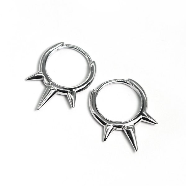 Silver Spike Earrings, Triple Spike Huggie Earrings, Huggie Hoop Earrings, 3 Spike Hoop Earrings Silver 925, Gothic Jewelry Gift for her