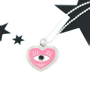 Unique Enamel Eye Heart Necklace Silver 925 Evil Eye Necklace Heart Pendant All Seeing Eye Necklace Statement Necklace, Gift for her image 2