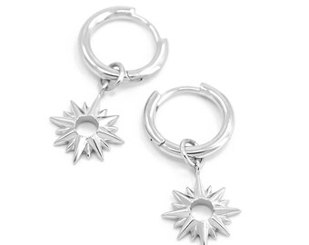 Zon oorbellen zilver 925, Huggie Hoops met zonbedel, zomer bungeloorringen art deco, hemelse boho-sieraden, perfect cadeau voor haar