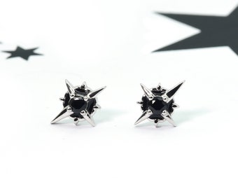 CZ Spike Star Stud Earrings Silver 925 | Black Zircon Stud Earrings | Unique Silver Earrings | Gothic Earrings, Zirconia Studs, Goth Jewelry
